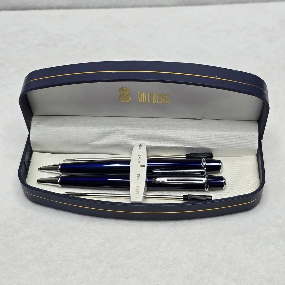 Bill Blass Blue Chrome Ballpoint Pen Mechanical Pencil Set Refills BB0091RF